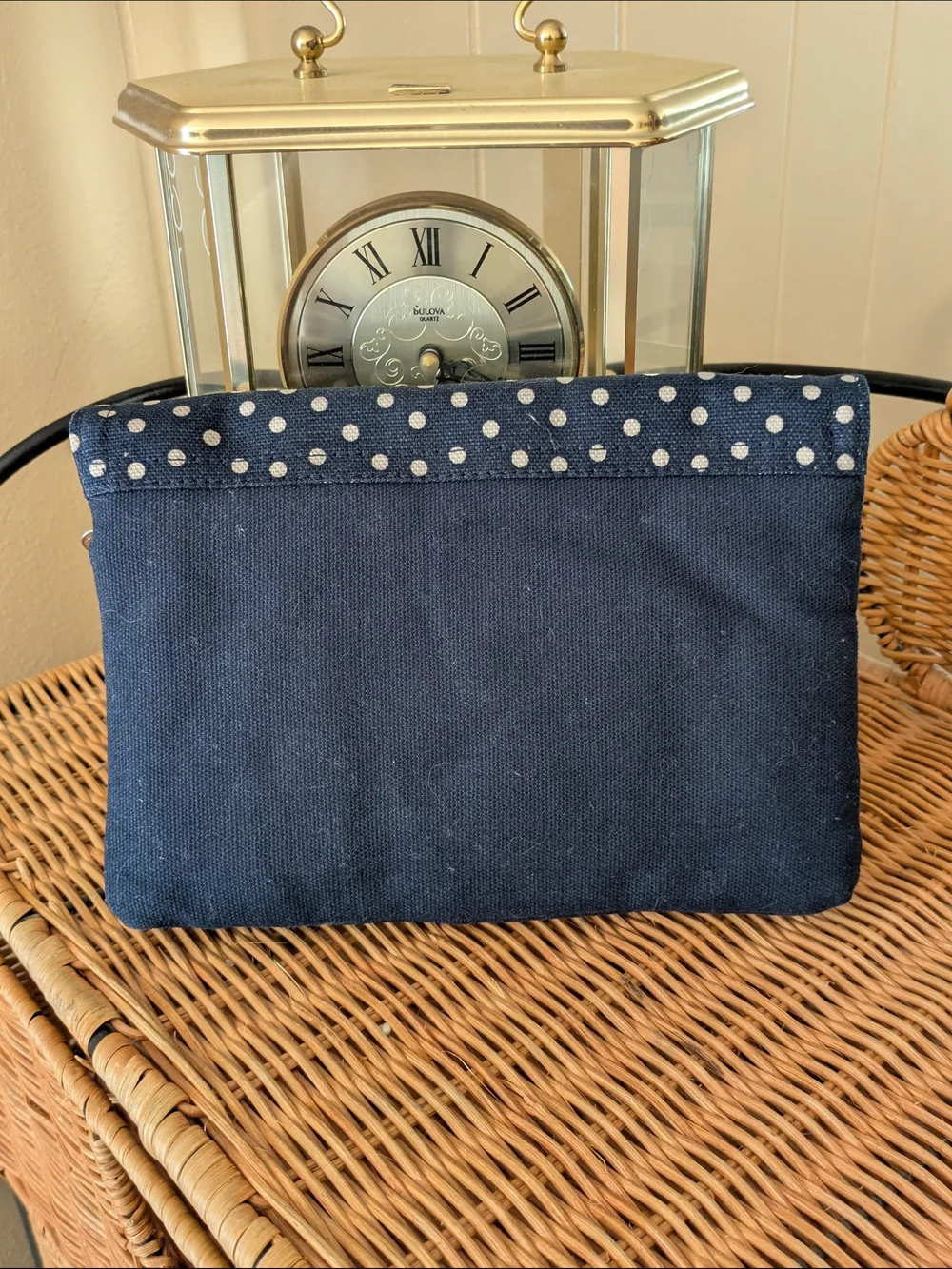Thirty-One Polka Dot Navy Canvas Clutch Wallet with Brown Accent